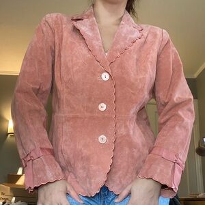 Vintage Terry Lewis 100% Leather Pastel Pink/Salmon Scalloped Edge Blazer Jacket